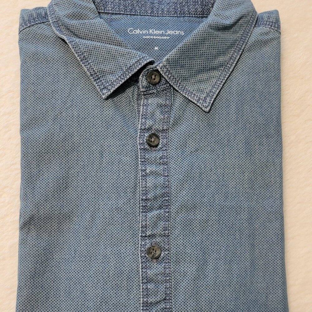 Calvin Klein Jeans Blue Pindot Long Sleeve Button Front Casual Shirt Mens Medium